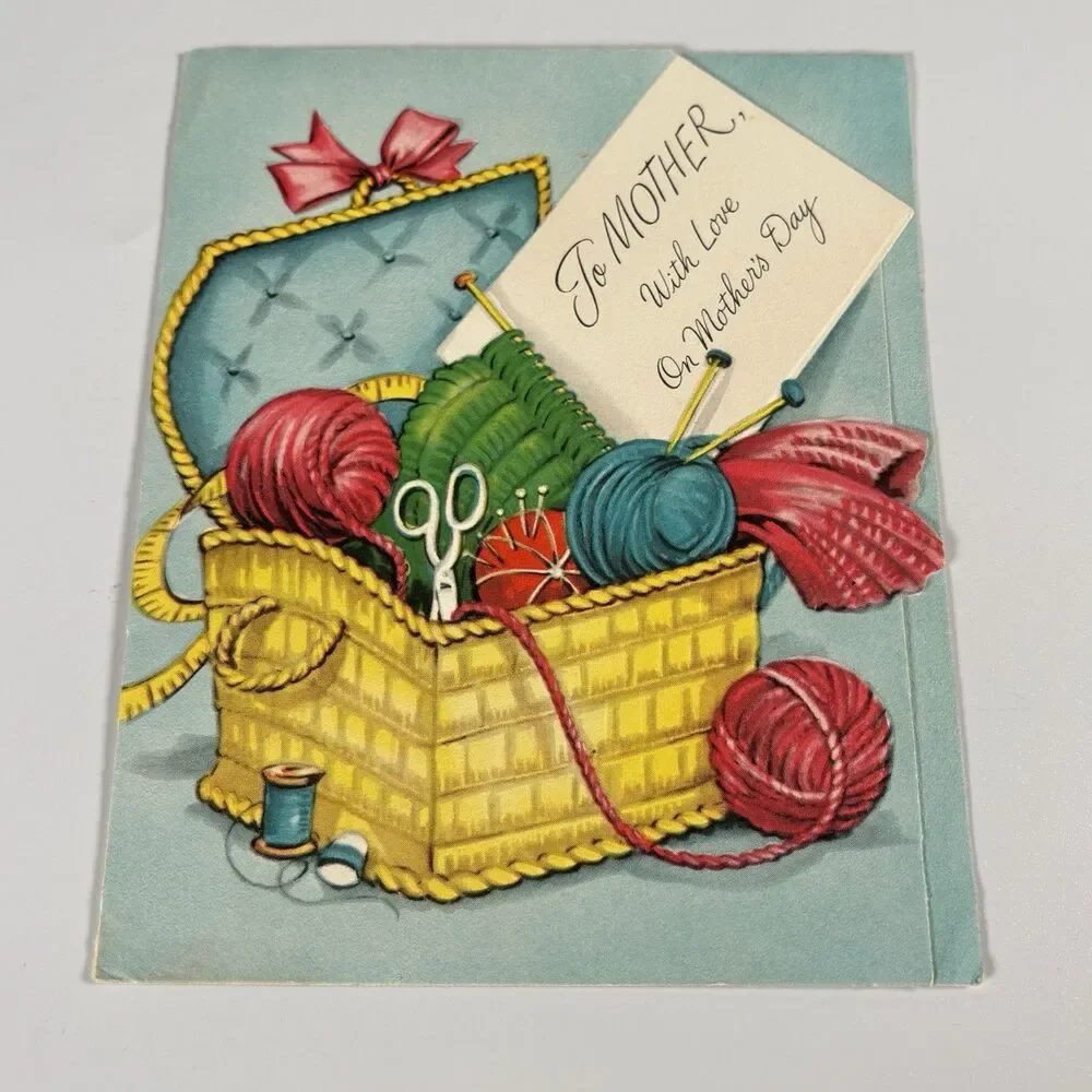 Vintage Mother’s Day Card Sewing Basket Yarn Embossed Handwritten Note MCM Art